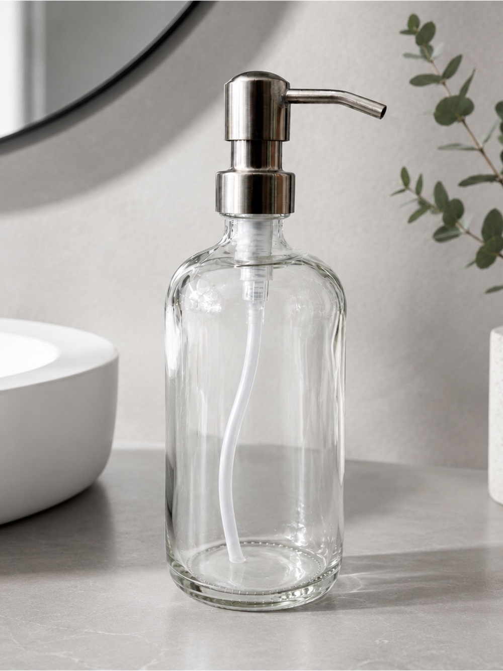 16 OZ. GLASS SOAP DISPENSER W/ METAL PUMP (CLEAR GLASS/SILVER PUMP)